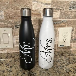 Brand new Mr & Mrs stainless steel screw top water bottles.